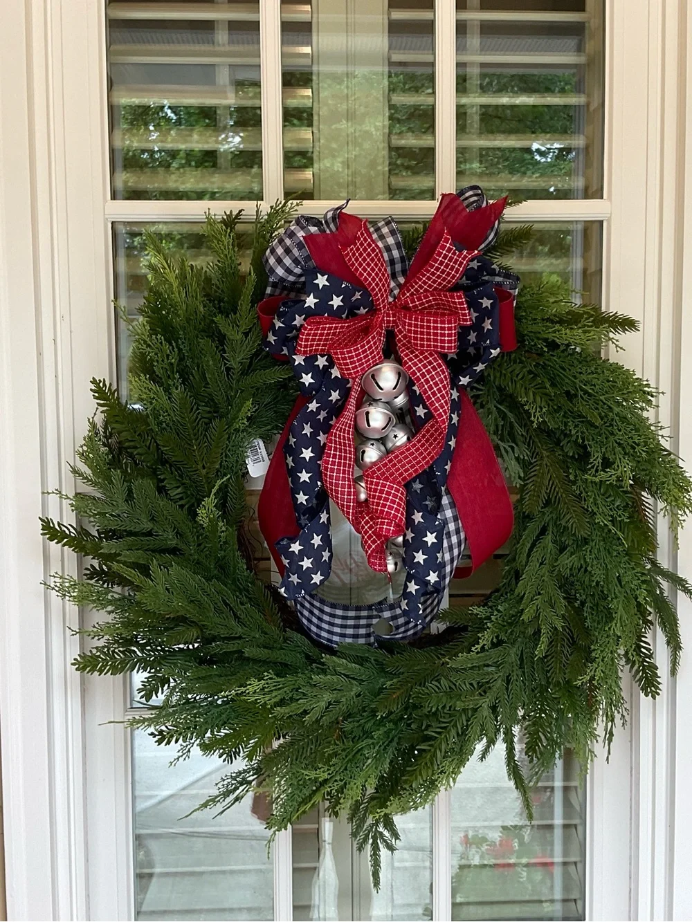 Classic Red & Navy Patriotic Holiday Wreath with Bells